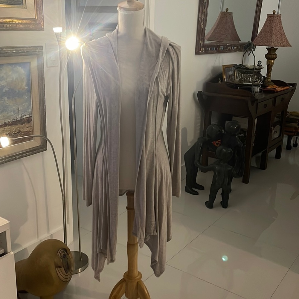 Andrea Jovine Gray Open Front Hooded Long Cardigan/Sweater